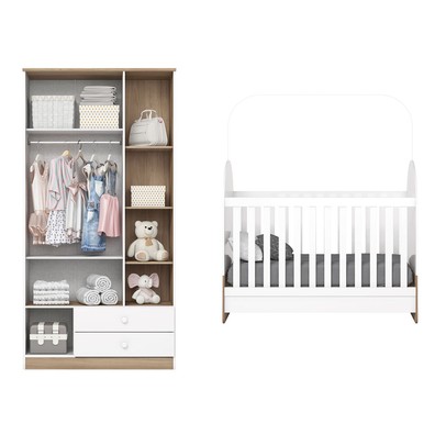 Quarto de Bebê Completo Magia 3 Portas 2 Gavetas Branco/Jequitibá - Henn