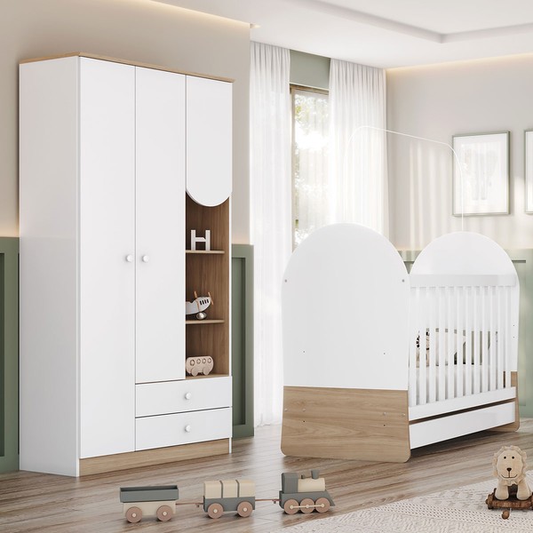 Quarto de Bebê Completo Magia 3 Portas 2 Gavetas Branco/Jequitibá - Henn