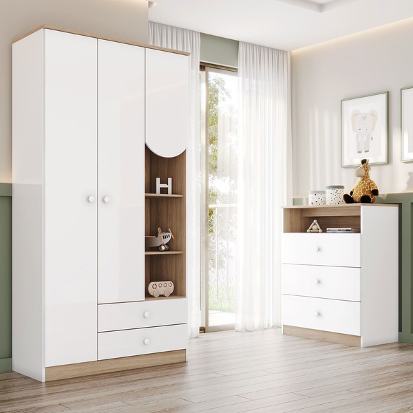 Quarto de Bebê Completo Magia 3 Portas 5 Gavetas Branco/Jequitibá - Henn