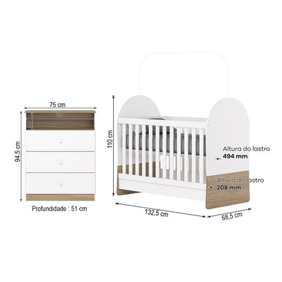 Quarto de Bebê Completo Magia 3 Gavetas Branco/Jequitibá  - Henn