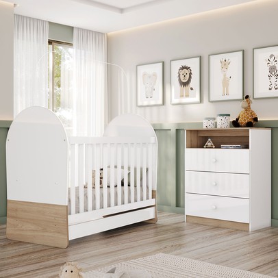 Quarto de Bebê Completo Magia 3 Gavetas Branco/Jequitibá  - Henn