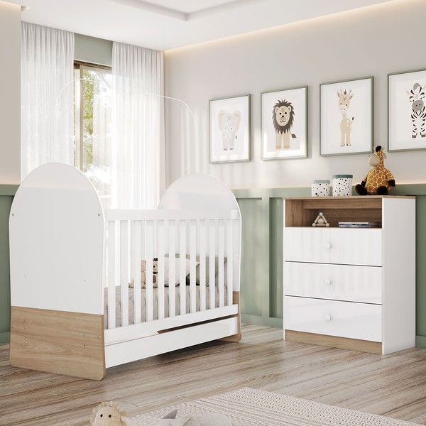 Quarto de Bebê Completo Magia 3 Gavetas Branco/Jequitibá  - Henn