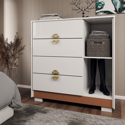 Cômoda Sapateira Búzios 1 Porta 4 Gavetas Branco/Camarim - Panorama Móveis