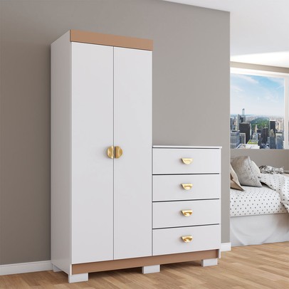 Cômoda Roupeiro Ingleses 2 Portas 4 Gavetas Branco/Camarim - Panorama Móveis