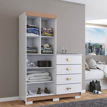 Cômoda Roupeiro Ingleses 2 Portas 4 Gavetas Branco/Camarim - Panorama Móveis