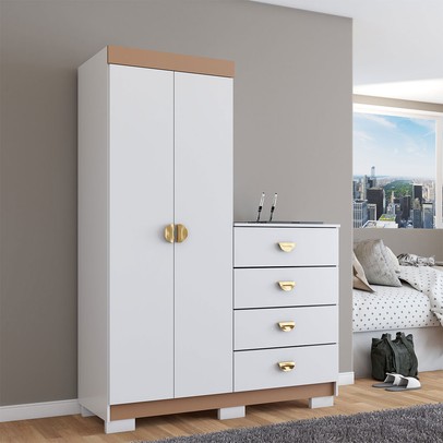 Cômoda Roupeiro Ingleses 2 Portas 4 Gavetas Branco/Camarim - Panorama Móveis