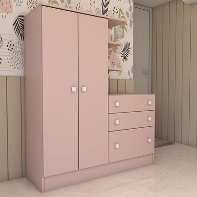 Guarda-Roupa Infantil com Cômoda Colorê 2 Portas 3 Gavetas Rosa - Panorama Móveis
