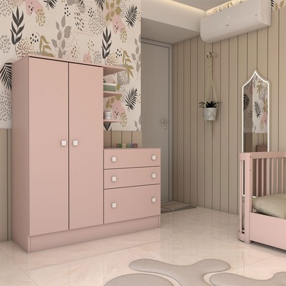 Guarda-Roupa Infantil com Cômoda Colorê 2 Portas 3 Gavetas Rosa - Panorama Móveis