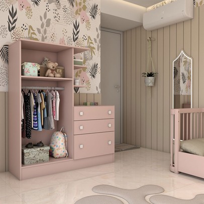 Guarda-Roupa Infantil com Cômoda Colorê 2 Portas 3 Gavetas Rosa - Panorama Móveis