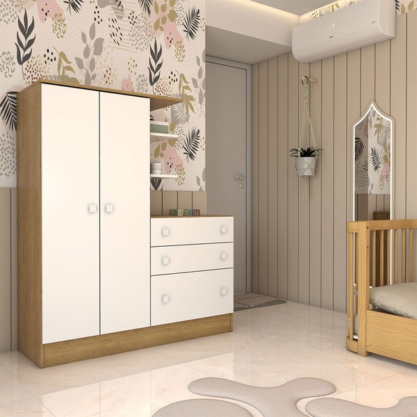 Guarda-Roupa Infantil com Cômoda Colorê 2 Portas 3 Gavetas Rústico/Branco - Panorama Móveis