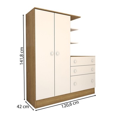 Guarda-Roupa Infantil com Cômoda Colorê 2 Portas 3 Gavetas Rústico/Branco - Panorama Móveis