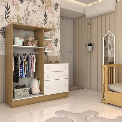 Guarda-Roupa Infantil com Cômoda Colorê 2 Portas 3 Gavetas Rústico/Branco - Panorama Móveis