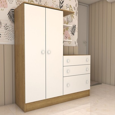 Guarda-Roupa Infantil com Cômoda Colorê 2 Portas 3 Gavetas Rústico/Branco - Panorama Móveis
