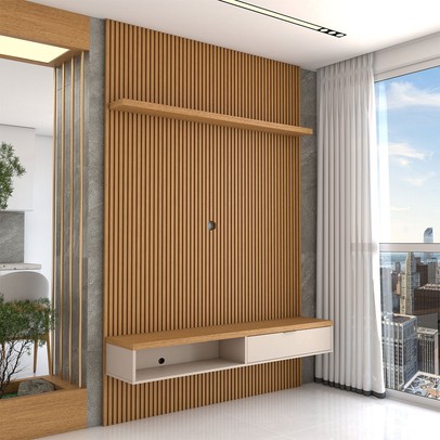Painel para TV Até 60 Polegadas Home 1 Porta 140 Cm Nature Ripado/Off White - Panorama Móveis