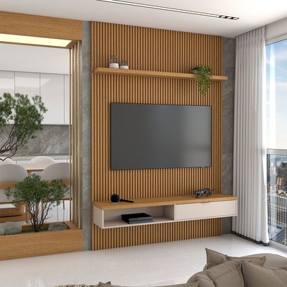 Painel para TV Até 60 Polegadas Home 1 Porta 140 Cm Nature Ripado/Off White - Panorama Móveis