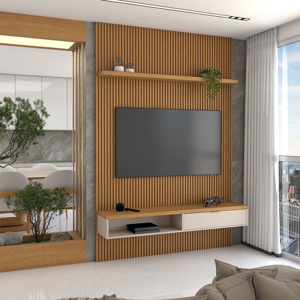 Painel para TV Até 60 Polegadas Home 1 Porta 140 Cm Nature Ripado/Off White - Panorama Móveis