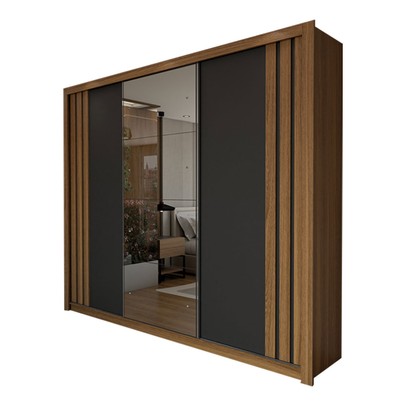 Guarda-Roupa Casal Uruguai 3 Portas 2 Gavetas Flex com Espelho Amêndola Nude/Preto Prime Tx - Panorama Móveis