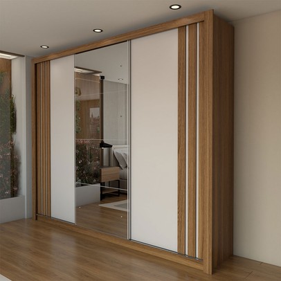 Guarda-Roupa Casal Uruguai 3 Portas 2 Gavetas Flex com Espelho Amêndola Nude/Preto Prime Tx - Panorama Móveis