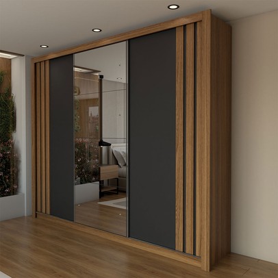 Guarda-Roupa Casal Uruguai 3 Portas 2 Gavetas Flex com Espelho Preto Prime Tx/Amêndola Nude - Panorama Móveis