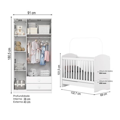 Quarto de Bebê Completo Bala de Menta 3 Portas 2 Gavetas Branco - Henn