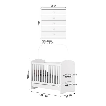 Quarto de Bebê Completo Bala de Menta 5 Gavetas Branco - Henn