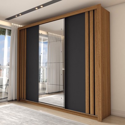 Guarda-Roupa Casal Argentina 3 Portas 2 Gavetas Flex com Espelho Preto Prime Tx/Amêndola Nude - Panorama Móveis