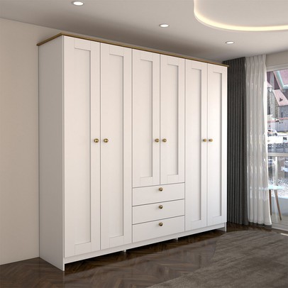Guarda-Roupa Casal Americano 6 Portas 3 Gavetas Branco/Ipê - Panorama Móveis