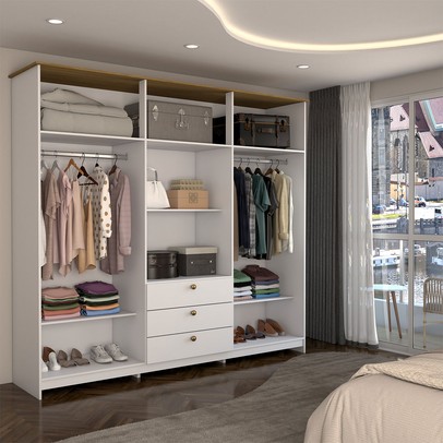 Guarda-Roupa Casal Americano 6 Portas 3 Gavetas Branco/Ipê - Panorama Móveis