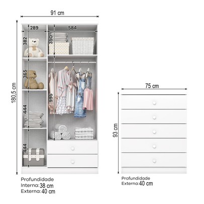 Quarto de Bebê Completo Bala de Menta 3 Portas 7 Gavetas Branco - Henn