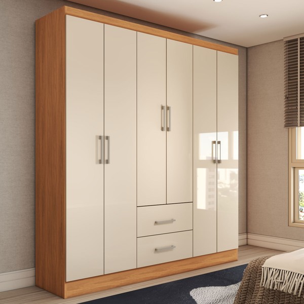Guarda-Roupa Solteiro Bali 6 Portas 2 Gavetas Cinamomo/Off White - Panorama Móveis