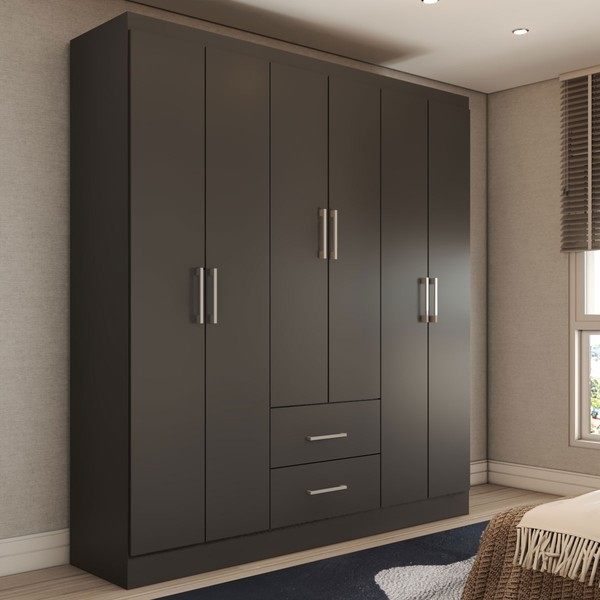 Guarda-Roupa Solteiro Bali 6 Portas 2 Gavetas Preto - Panorama Móveis