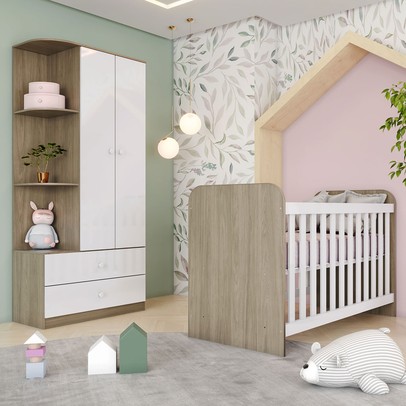 Quarto de Bebê Completo Labirinto 2 Portas 2 Gavetas Rústico/Branco - Henn