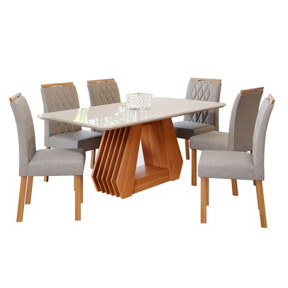 Mesa de Jantar 6 Lugares ágata Juliana com Vidro Cinamomo/Off White/Grafite - Cimol