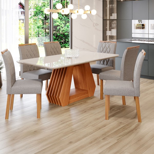 Mesa de Jantar 6 Lugares ágata Juliana com Vidro Cinamomo/Off White/Grafite - Cimol