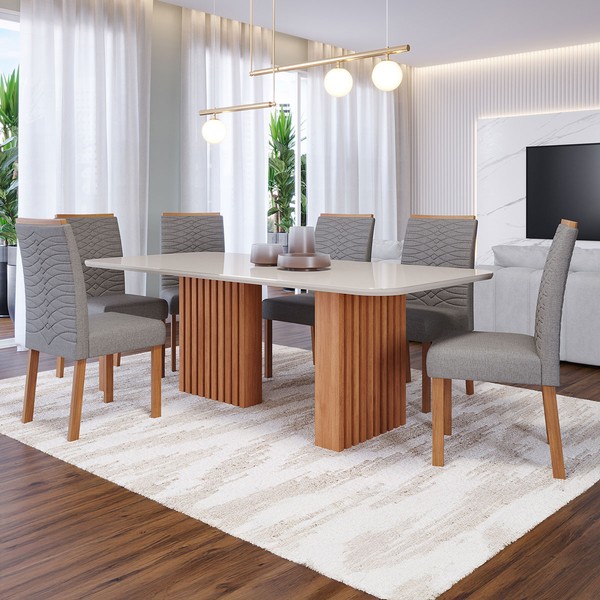 Mesa de Jantar 6 Lugares Ester Clarice com Vidro Ripado Cinamomo/Off White/Grafite - Cimol
