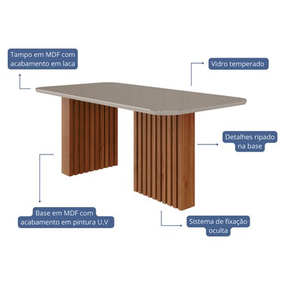 Mesa de Jantar 6 Lugares Ester Clarice com Vidro Ripado Cinamomo/Off White/Grafite - Cimol