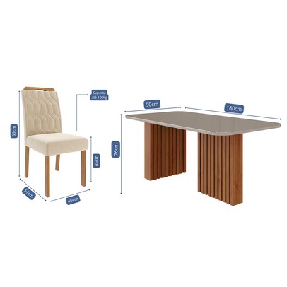 Mesa de Jantar 6 Lugares Ester Paola com Vidro Cinamomo/Off White/Nude - Cimol