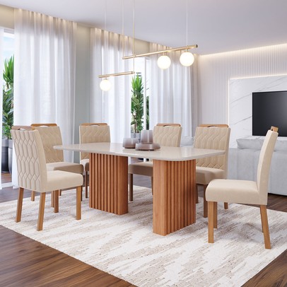 Mesa de Jantar 6 Lugares Ester Paola com Vidro Cinamomo/Off White/Nude - Cimol
