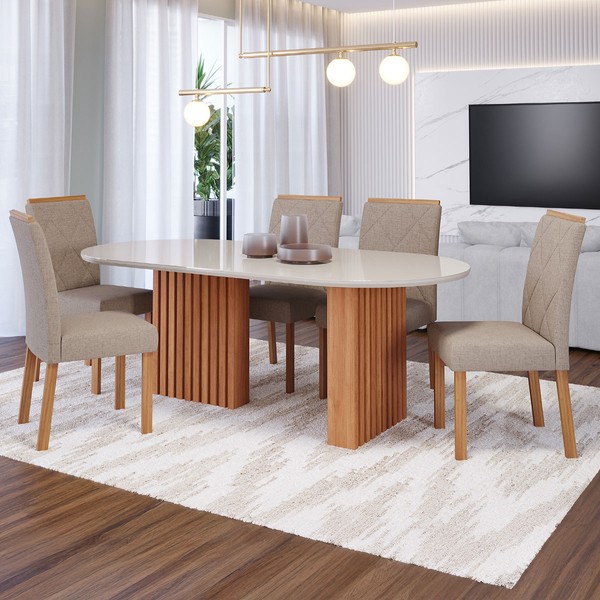 Mesa de Jantar 6 Lugares Ester Fernanda com Vidro Cinamomo/Off White/Bege - Cimol