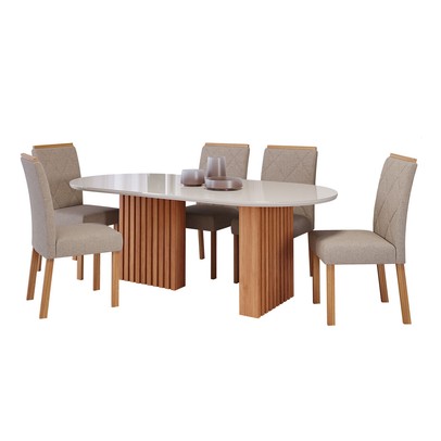 Mesa de Jantar 6 Lugares Ester Fernanda com Vidro Cinamomo/Off White/Bege - Cimol
