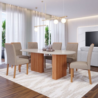 Mesa de Jantar 6 Lugares Ester Fernanda com Vidro Cinamomo/Off White/Bege - Cimol