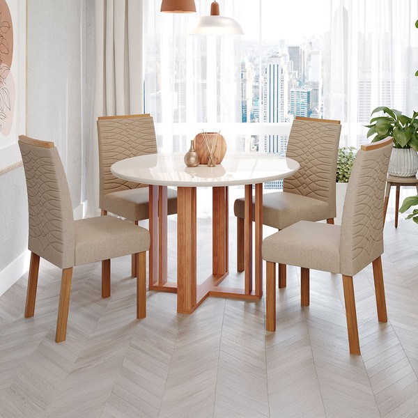 Mesa de Jantar 4 Lugares Flora Clarice com Vidro Cinamomo/Off White/Bege - Cimol