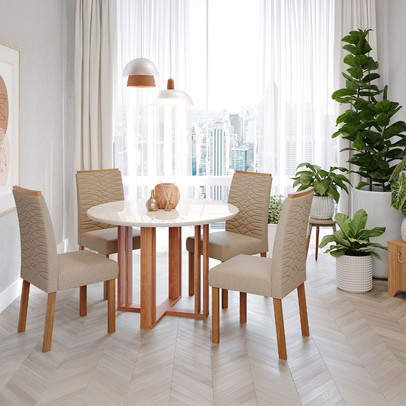 Mesa de Jantar 4 Lugares Flora Clarice com Vidro Cinamomo/Off White/Bege - Cimol