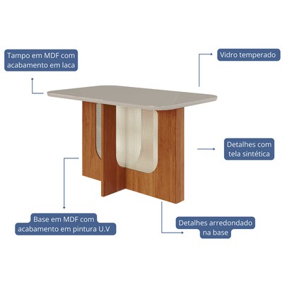 Mesa de Jantar 4 Lugares Louise Paola com Vidro Cinamomo/Off White/Nude - Cimol