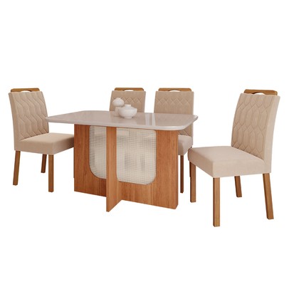 Mesa de Jantar 4 Lugares Louise Paola com Vidro Cinamomo/Off White/Nude - Cimol
