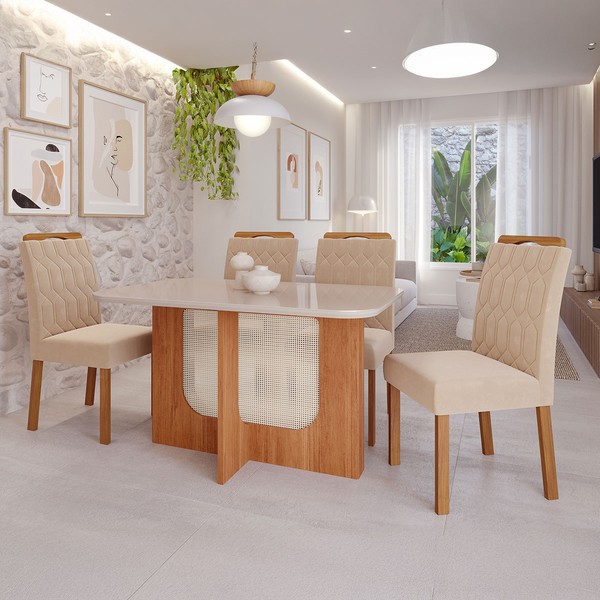 Mesa de Jantar 4 Lugares Louise Paola com Vidro Cinamomo/Off White/Nude - Cimol