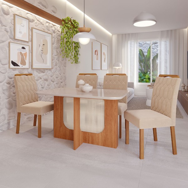 Mesa de Jantar 4 Lugares Louise Paola com Vidro Cinamomo/Off White/Nude - Cimol