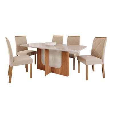 Mesa de Jantar 6 Lugares Louise Fernanda com Vidro Cinamomo/Off White/Nude - Cimol
