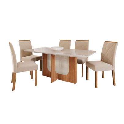 Mesa de Jantar 6 Lugares Louise Fernanda com Vidro Cinamomo/Off White/Nude - Cimol