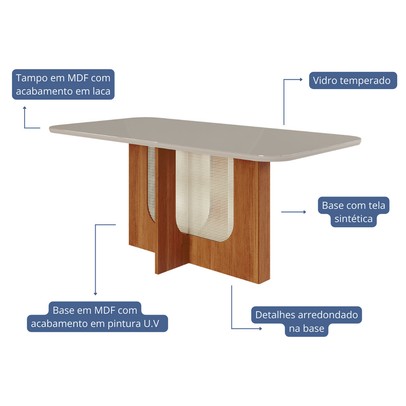 Mesa de Jantar 6 Lugares Louise Fernanda com Vidro Cinamomo/Off White/Nude - Cimol